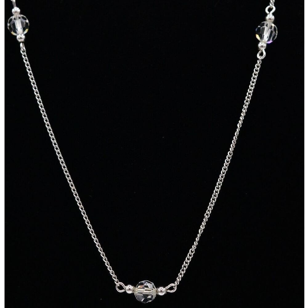 Avon Vintage Crystal Station Necklace Chain Beaded Silver Signed 1980s Bin7A